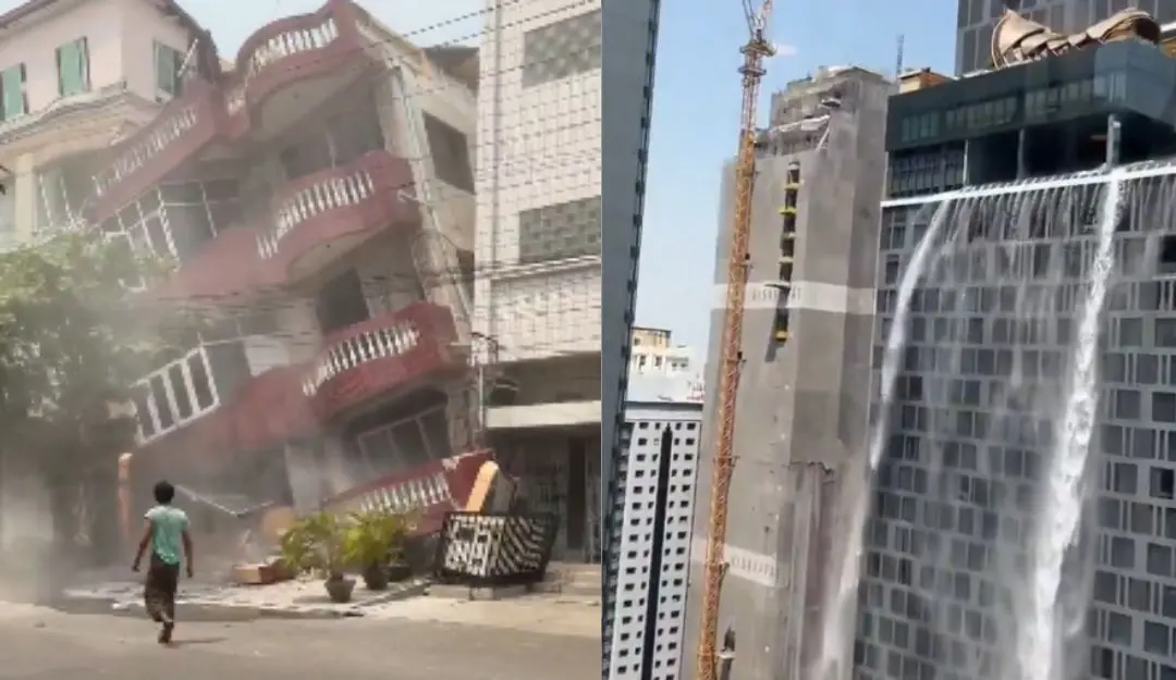A screengrab shows water falling from a high rise building pool