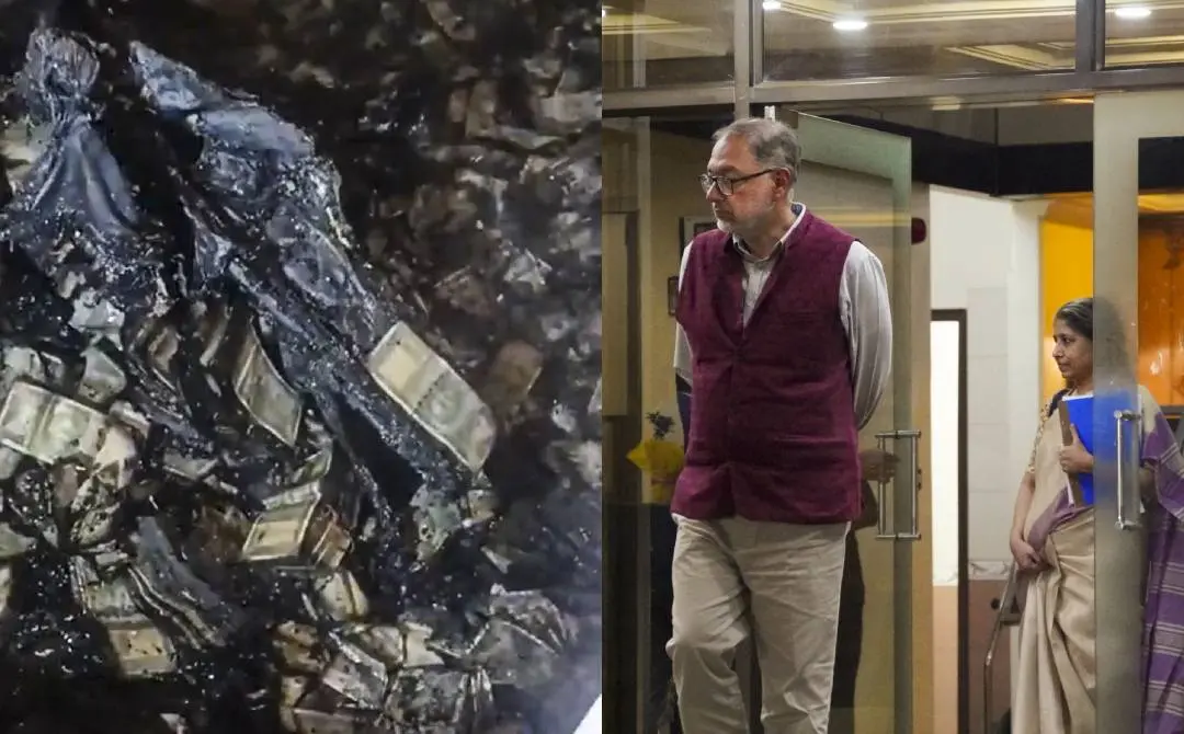 Burnt bundles of currency notes; Himachal Pradesh High Court Chief Justice G S Sandhawalia and Karnataka High Court Judge Justice Anu Sivaraman seen leaving the Haryana Guest House after discussions related to the investigation. Photo: PTI