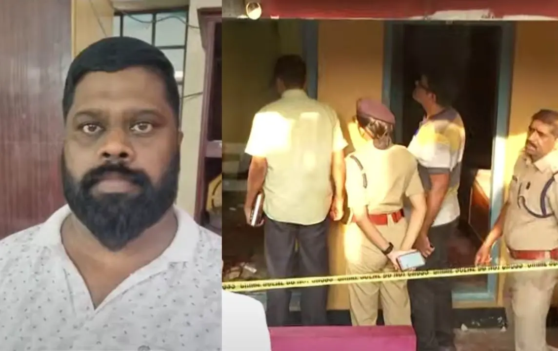 Santhosh (L) and Police inspecting the crime scene at his residence (R)