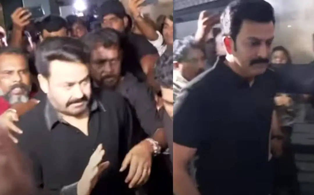 Mohanlal and Prithviraj arriving at the theatre | Photo: Screen grab: Mathrubhumi News