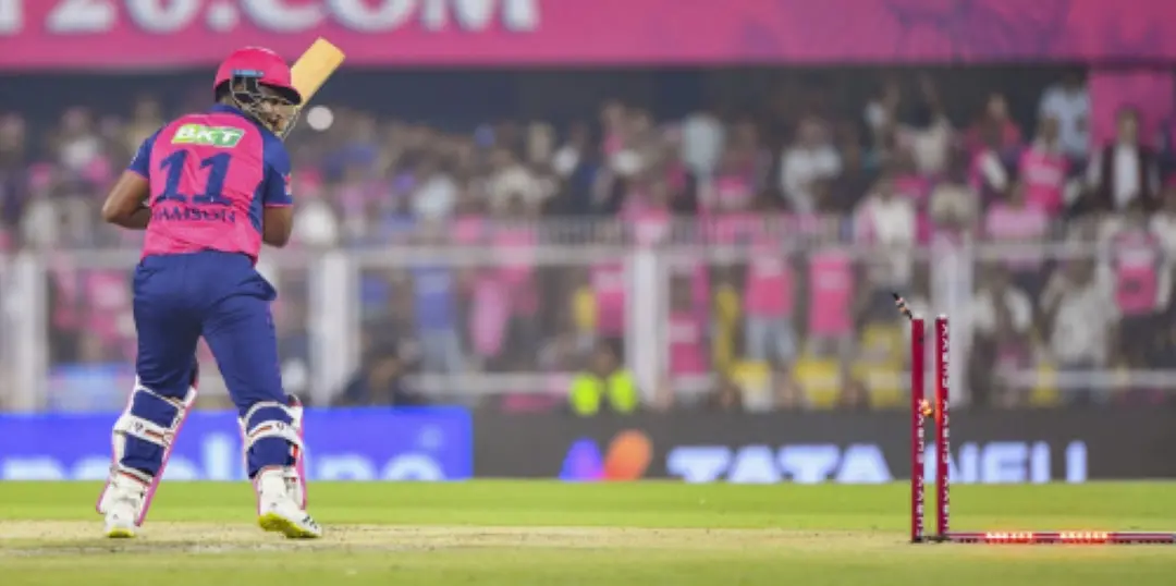 Rajasthan Royals' Sanju Samson being bowled by Kolkata Knight Riders' Vaibhav Arora during an Indian Premier League (IPL) 2025 T20 cricket match between Rajasthan Royals and Kolkata Knight Riders, at the Barsapara Cricket Stadium, in Guwahati, Assam. | Photo: PTI