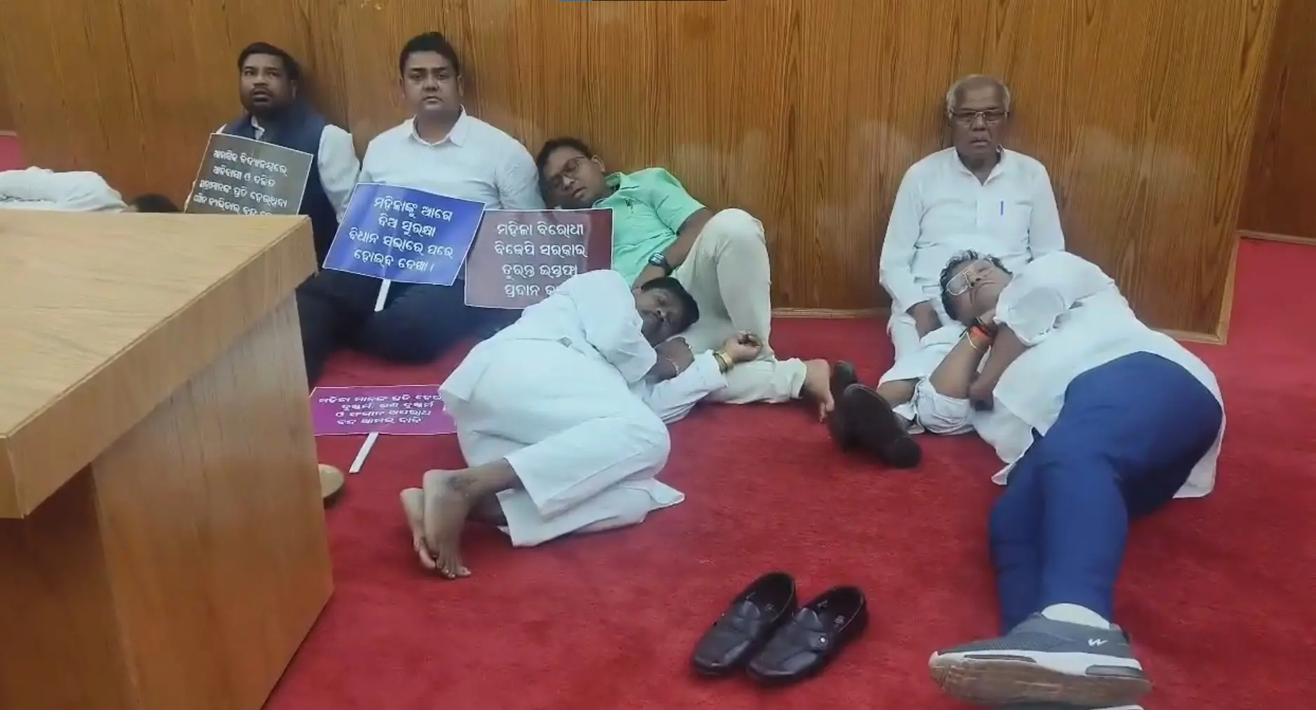 Suspended MLAs sleeping in the well of Odisha Legislative Assembly | Photo: Screen grab of X / ANI