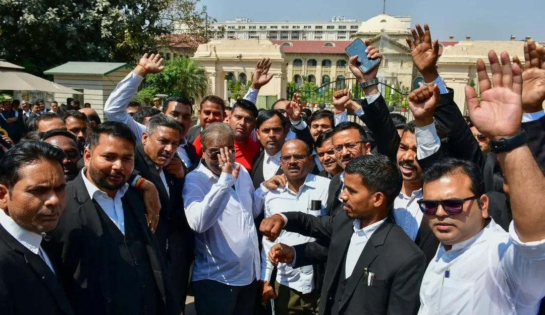 President of Allahabad High Court Bar Association Anil Tiwari with other lawyers during an indefinite strike over Justice Yashwant Varma's transfer to the Allahabad High Court. | Photo: PTI