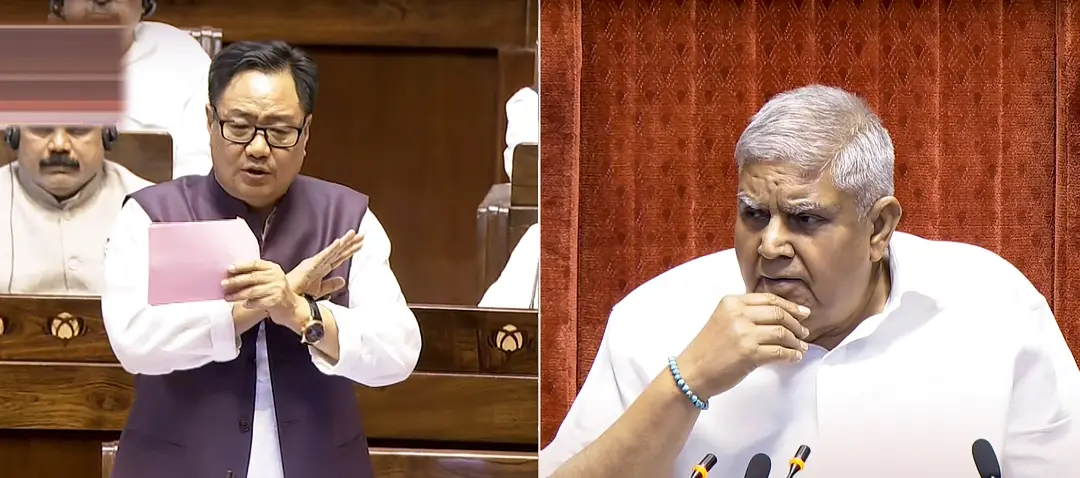 Rajya Sabha Chairman Jagdeep Dhankhar listens as Union Minister of Minority Affairs Kiren Rijiju