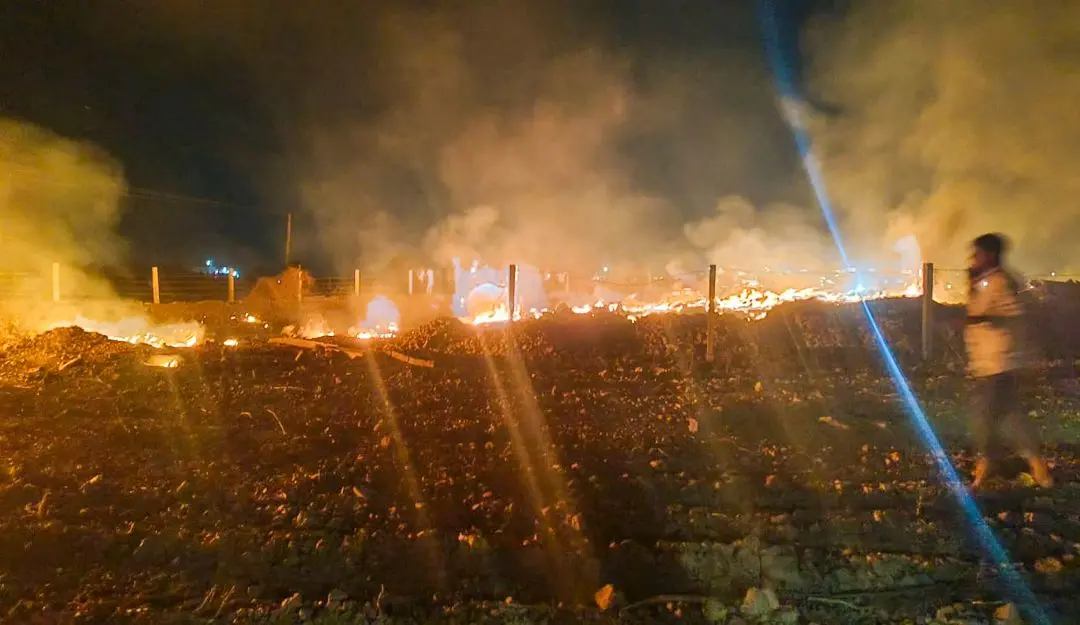 Smoke and flames billow out after a Jaguar fighter jet of the Indian Air Force crashed while on a training mission, at a village near Jamnagar IAF station in Gujarat on Wednesday, April 2, 2025.
