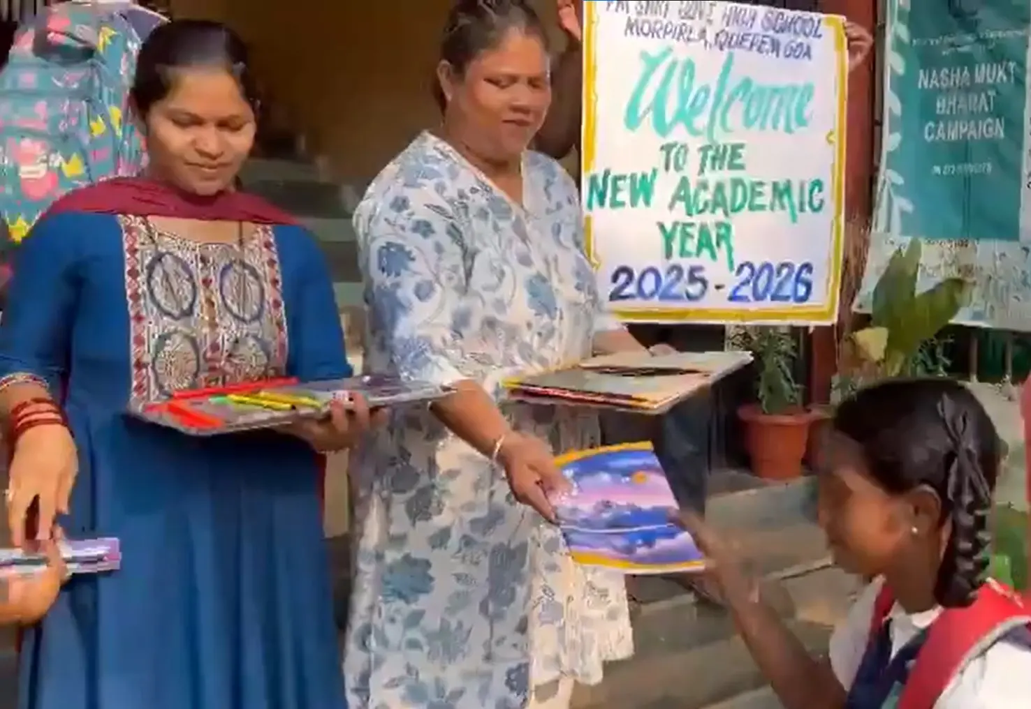 Teachers welcoming students | Photo: Screen grab of X/ PM SHRI Government High School Morpirla