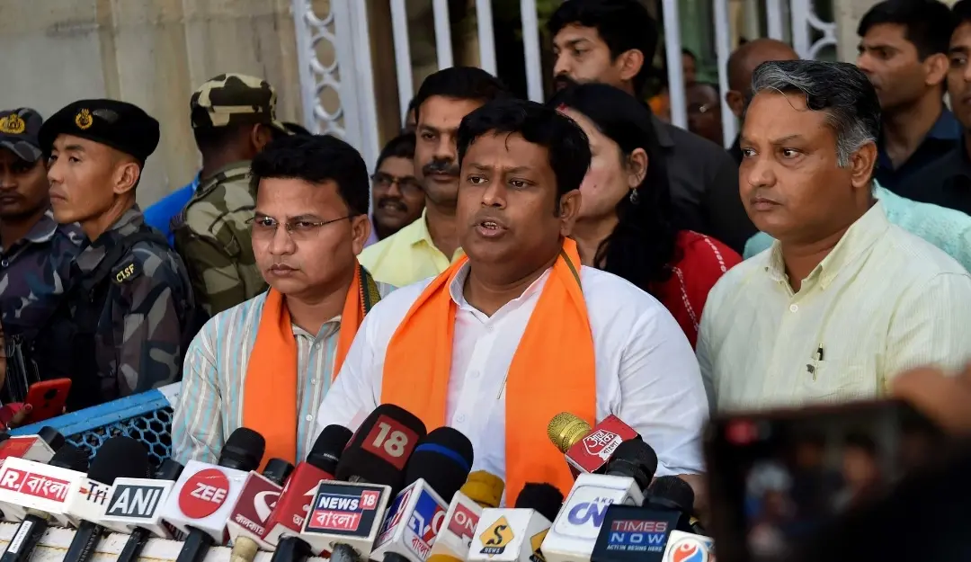 West Bengal BJP President Sukanta Majumdar with other leaders addresses a press conference. | Photo: PTI