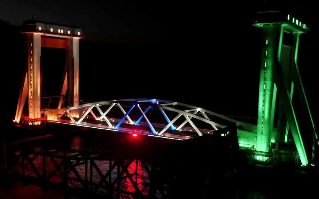 The new Pamban Railway Bridge illuminates ahead of its inauguration on the occasion of Ram Navami, in Rameswaram on Saturday, April 5,2025.