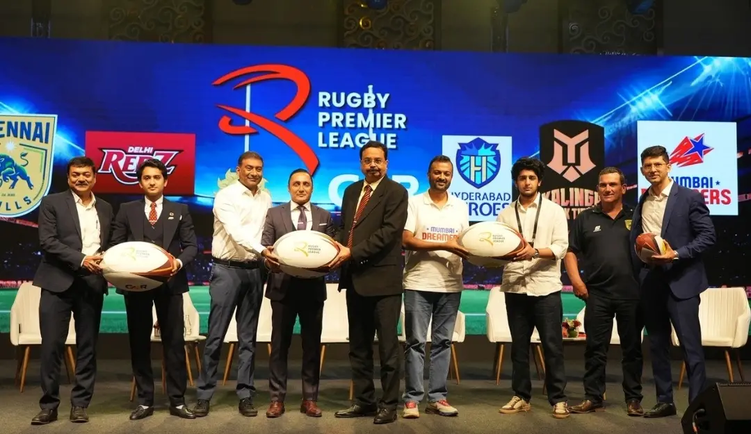 Bollywood actor and President of Rugby India Rahul Bose, center, at the launch of the Rugby Premier League (RPL).