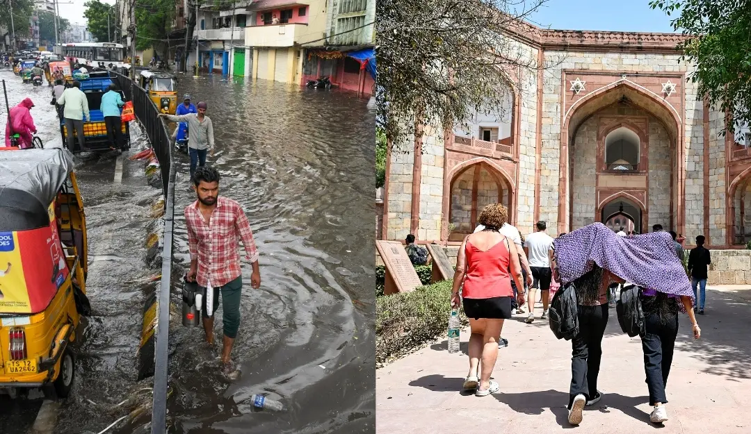 Commuters move through a waterlogged road following rain, in Hyderabad and Girls drape a scarf as the sun casts its heat, at Humayun's tomb in New Delhi. | Photo: PTI