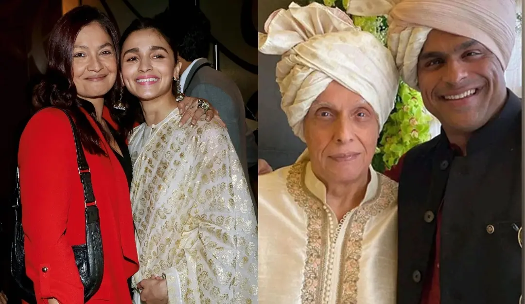 Actress Alia Bhatt and sister Pooja Bhatt (L), director Mahesh Bhatt and son Rahul Bhatt (R).