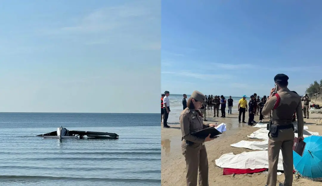 Police officers investigate the scene after a small police plane crashed into the sea, killing multiple people on board (Photo: AP)