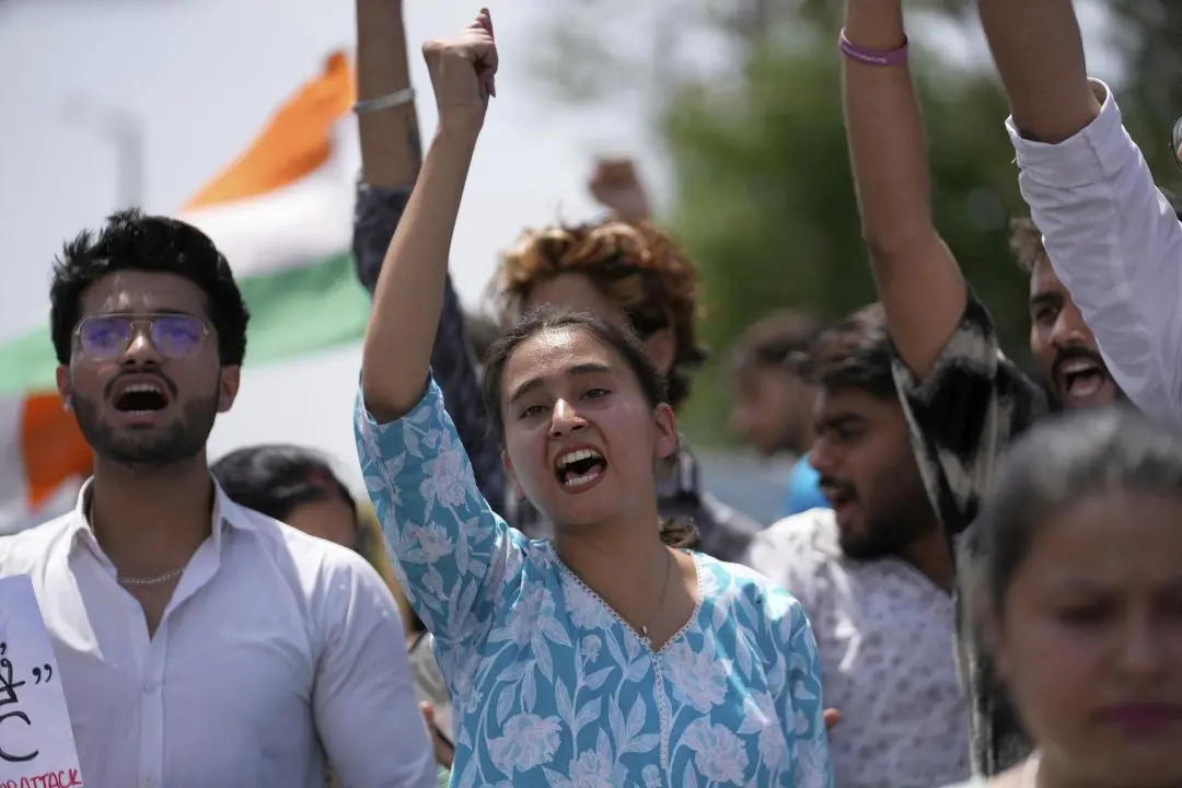 People shout slogans against Pakistan during a protest against the Pahalgam terror attack in Jammu.