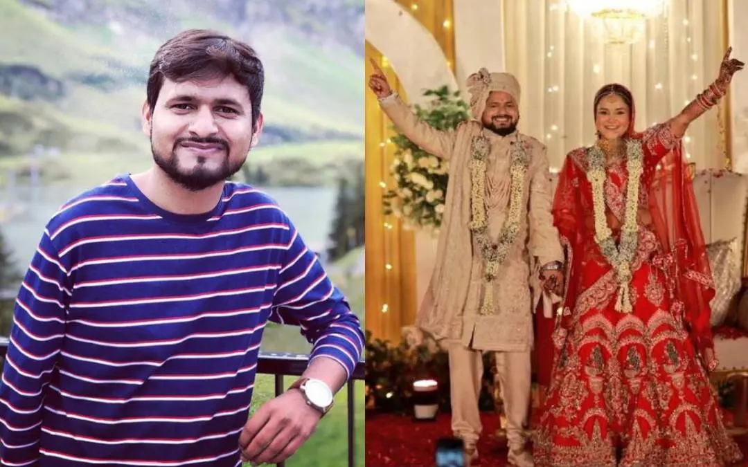 From left: Shubham Dwivedi, followed by a photo of him with his wife on their wedding day. | x.com/TelanganaMaata, x.com/praveendixit485