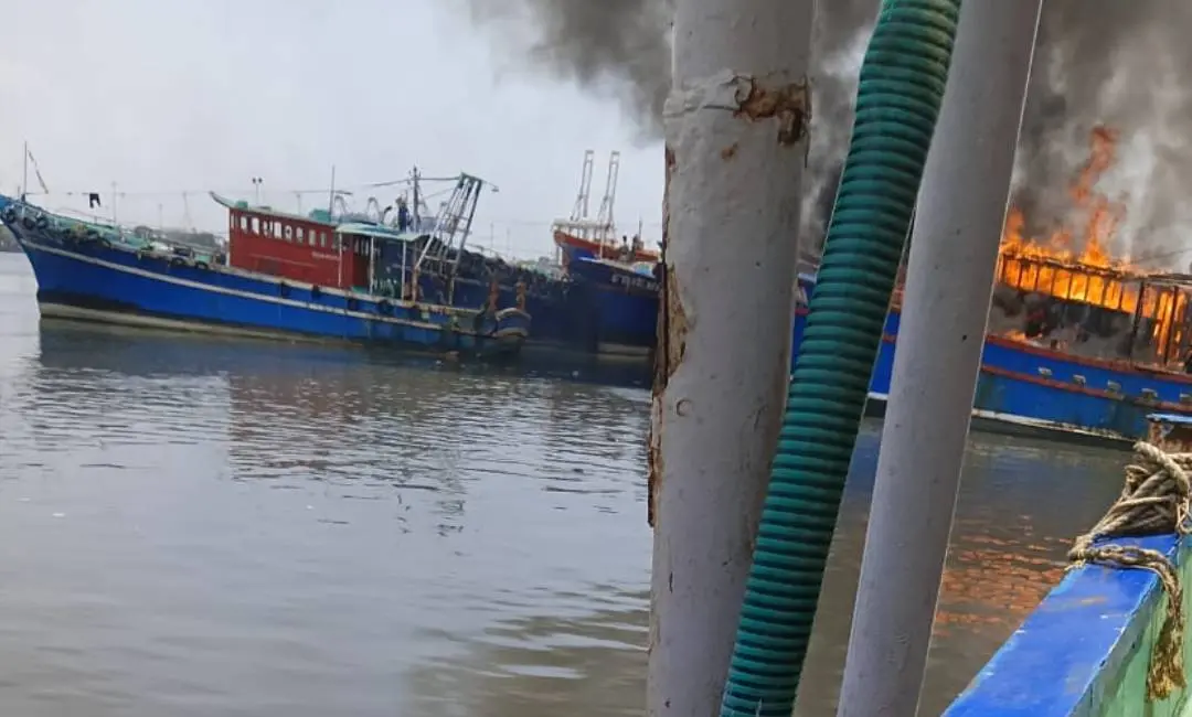The fishing boat engulfed in flames at Vypin harbour