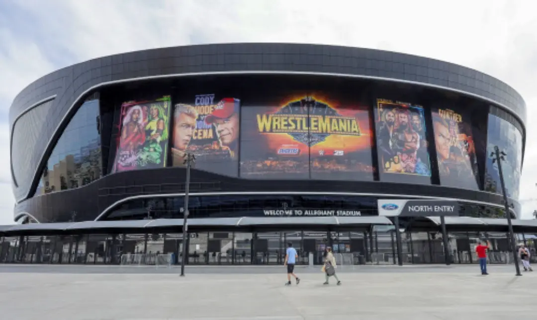 Building wraps for WrestleMania 41 are shown on the exterior of Allegiant Stadium in Las Vegas, Nevada. | Photo: AFP