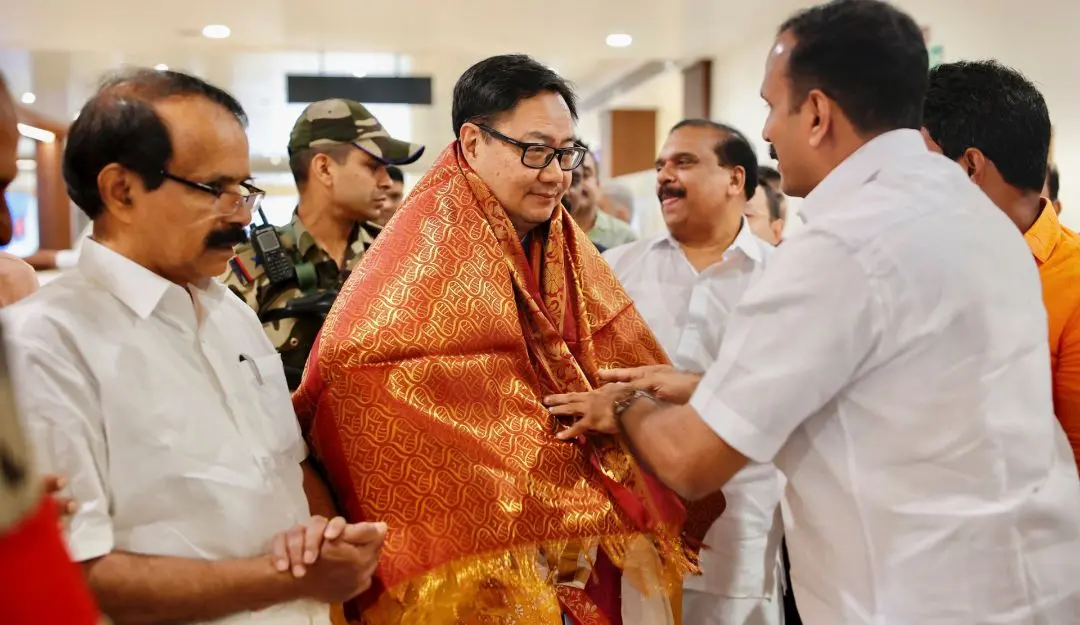 Union Minister Kiren Rijiju being welcomed upon his arrival at Cochin International Airport in Kerala on April 15, 2025.
