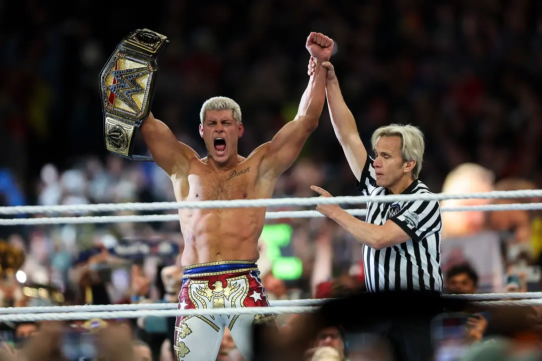 Cody Rhodes celebrates after winning the Undisputed WWE universal championship match during WrestleMania 40 at Lincoln Financial Field in Philadelphia | File photo: AP