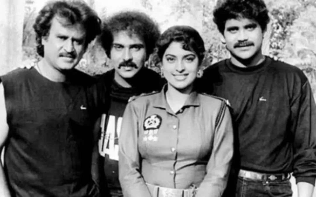 From (L) Rajinikanth, Ravichandran, Juhi Chawla and Nagarjuna (from the sets of 'Shanti Kranti')