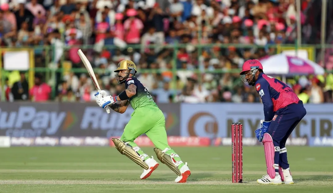 Royal Challengers Bengaluru's Virat Kohli plays a shot during the Indian Premier League (IPL) 2025 match against Rajasthan Royals, at Sawai Mansingh Stadium, in Jaipur.