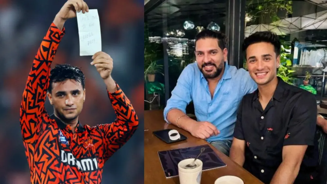 From (L) Sunrisers Hyderabad's Abhishek Sharma displays a note 'This ONE Is For Orange Army' after completing his century during the match against Punjab Kings in the Indian Premier League 2025, at Rajiv Gandhi International Stadium in Hyderabad on Saturday; Abhishek and Yuvraj Singh | Photos: ANI/Instagram