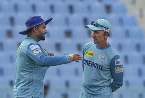 Lucknow Super Giants' captain Rishabh pant and Head Coach Justin Langer during a practice session ahead of an Indian Premier League (IPL) 2025 T20 cricket match between Lucknow Super Giants and Gujarat Titans, at Bharat Ratna Shri Atal Bihari Vajpayee Ekana Cricket Stadium in Lucknow. | Photo: PTI