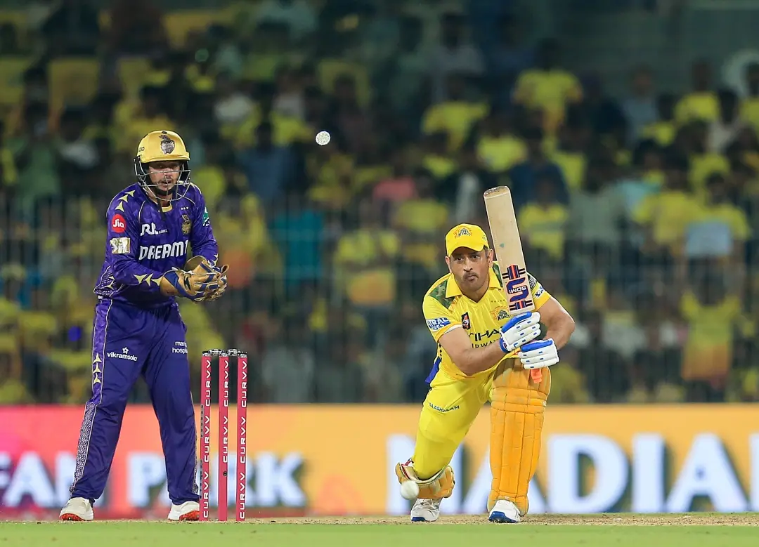 Chennai Super Kings captain MS Dhoni plays a shot during the Indian Premier League 2025 match against Kolkata Knight Riders | Photo: ANI