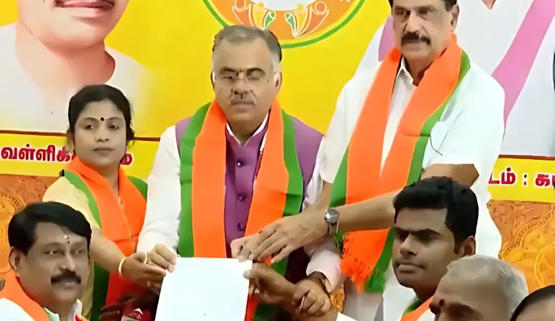 Nainar Nagendran filing nomination for the post of BJP president in Tamil Nadu in the presence of other leaders including outgoing BJP chief K Annamalai.