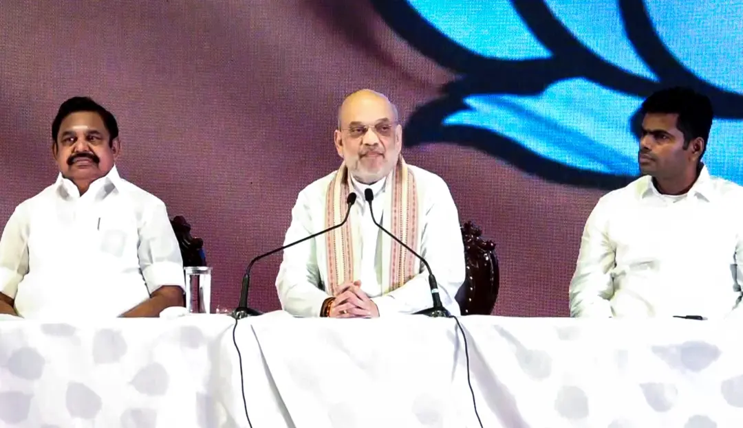 Union Home Minister Amit Shah with AIADMK general secretary Edappadi K Palaniswami and Tamil Nadu BJP President K Annamalai during a press conference, in Chennai | Screengrab: ANI