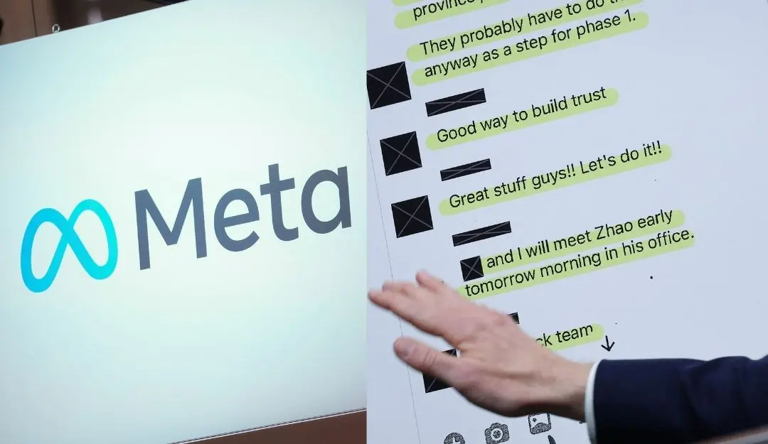 Meta logo and US Sen. Josh Hawley (R-MO) points to an internal Facebook/Meta conversation. | Photo: AFP