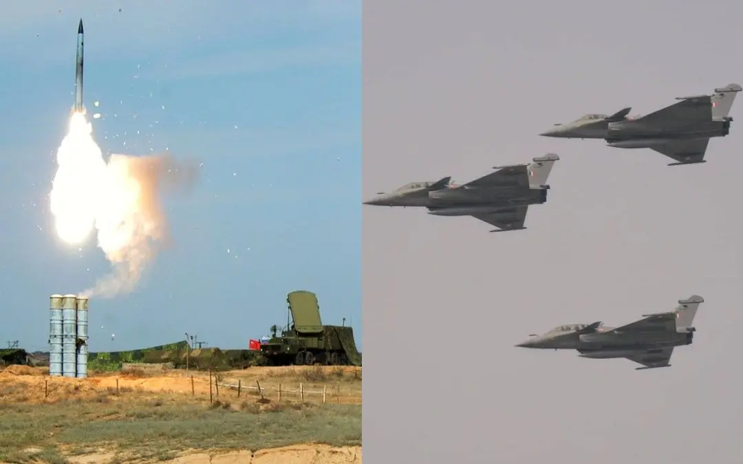 (Left) File photo of S400 Triumf. (Right) IAF Rafale fighters in formation
