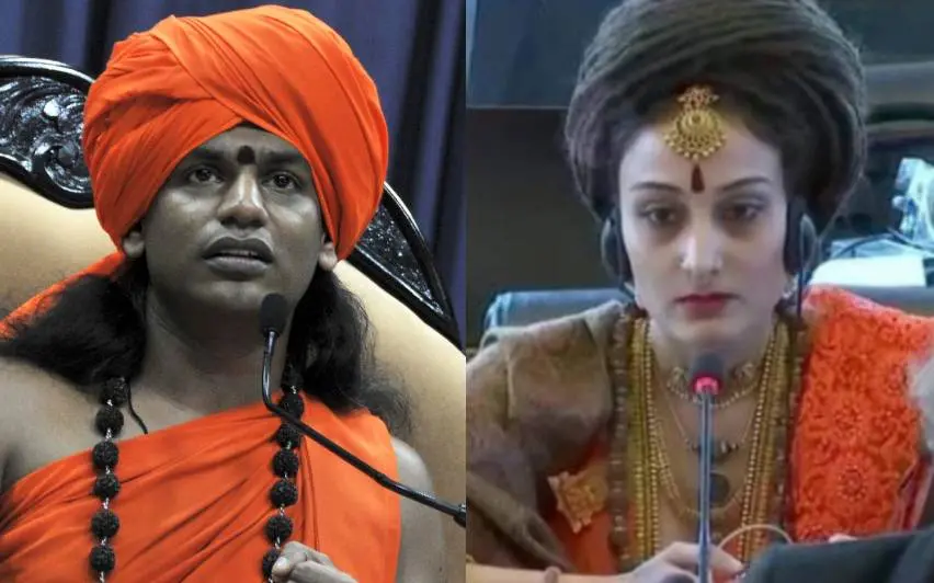 നിത്യാനന്ദ, നിത്യാനന്ദയുടെ പ്രതിനിധി മാ വിജയപ്രിയ യു.എൻ. യോഗത്തിൽ | Photo: PTI Photo and twitter.com/SriNithyananda
