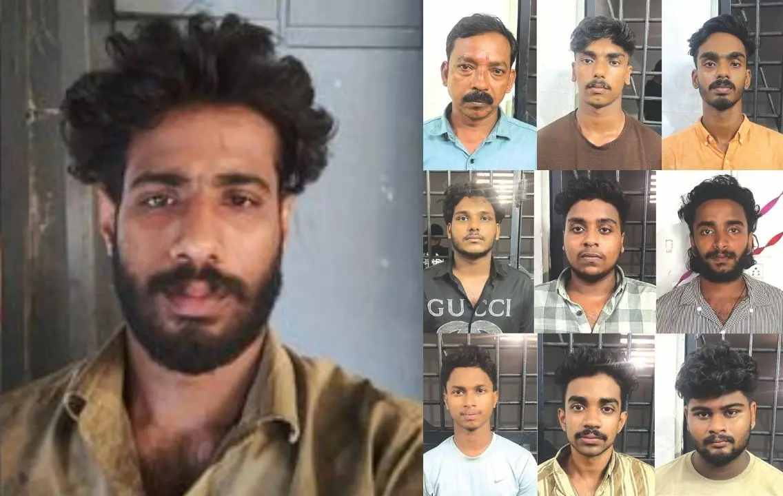 കൊല്ലപ്പെട്ട സൂരജ്. പ്രതികളായ മനോജ്കുമാര്, അജയ് മനോജ്, വിജയ് മനോജ്, അനന്ദു കൃഷ്ണ, അശ്വിന് ശങ്കര്, യദുകൃഷ്ണ, പി.കെ. അഭിഷാന്ത്, അഭിജയ് കൃഷ്ണ, നിഹല്