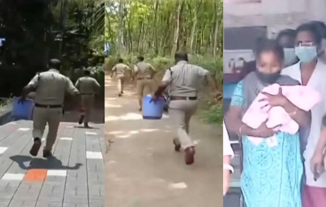 Police rushing with little nikith who was abandoned in a bucket; Baby is being transferred to Child Welfare Centre