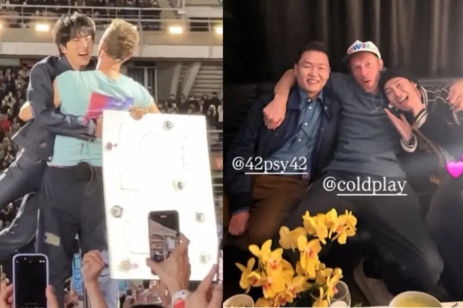 Jin can’t stop laughing as Chris Martin lifts and twirls him; Namjoon turns crowd cheerleader
