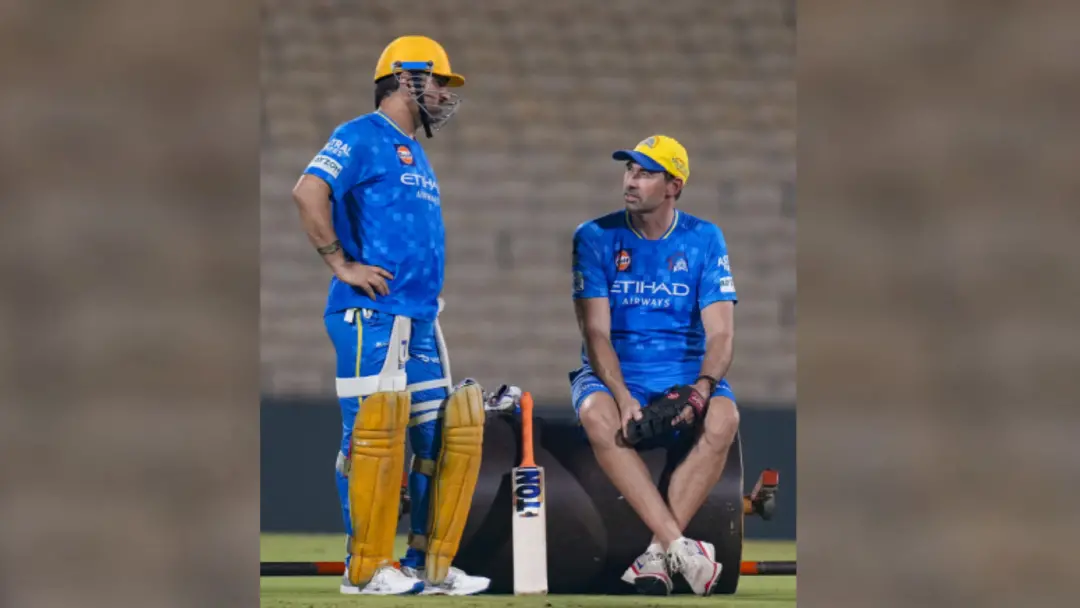 Chennai Super Kings' MS Dhoni with Head Coach Stephen Fleming during a practice session ahead of an Indian Premier League (IPL) 2025 T20 cricket match between Chennai Super Kings and Kolkata Knight Riders, at the MA Chidambaram Stadium, in Chennai. | Photo: PTI
