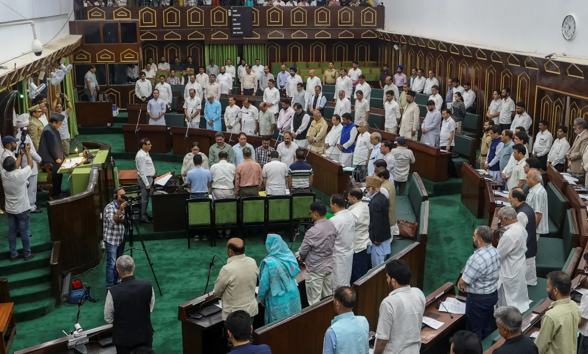 Jammu and Kashmir Chief Minister Omar Abdullah with MLAs observes silence to pay tributes to the victims of Pahalgam terror attack | Photo: PTI