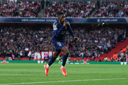 Paris Saint-Germain's French forward  Ousmane Dembele celebrates after scoring the goal during the UEFA Champions League Semi-final First Leg football match between Arsenal and Paris Saint-Germain (PSG) at the Emirates Stadium in north London, on April 29, 2025. | Photo: AFP