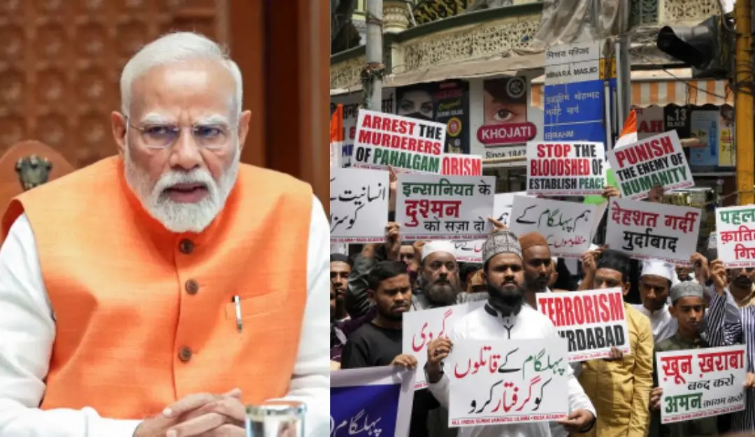 Narendra Modi, Muslims shout slogans during a protest against the killing of tourists near Pahalgam
