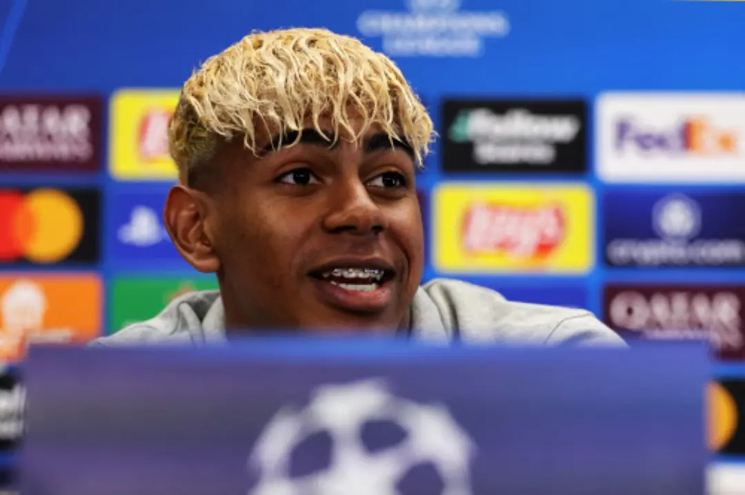 Barcelona's Spanish forward Lamine Yamal addresses a press conference on the eve of the UEFA Champions League semi-final first leg football match between FC Barcelona and Inter Milan at the Joan Gamper training ground in Sant Joan Despi, near Barcelona. | Photo: AFP