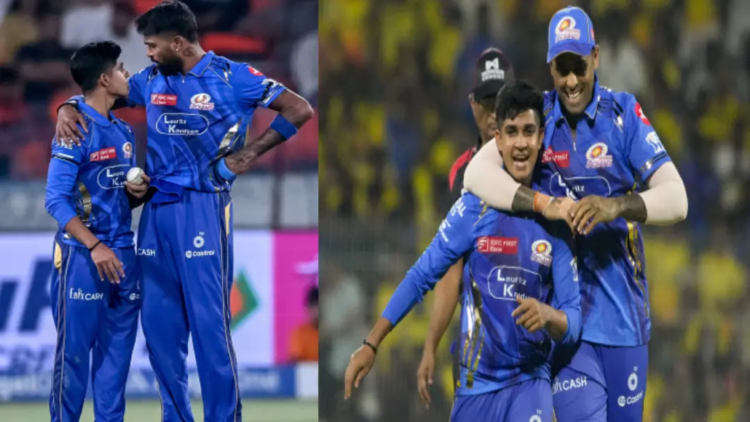 Vignesh Puthur with Hardik Pandya and Suryakumar Yadav | Photos: Agencies
