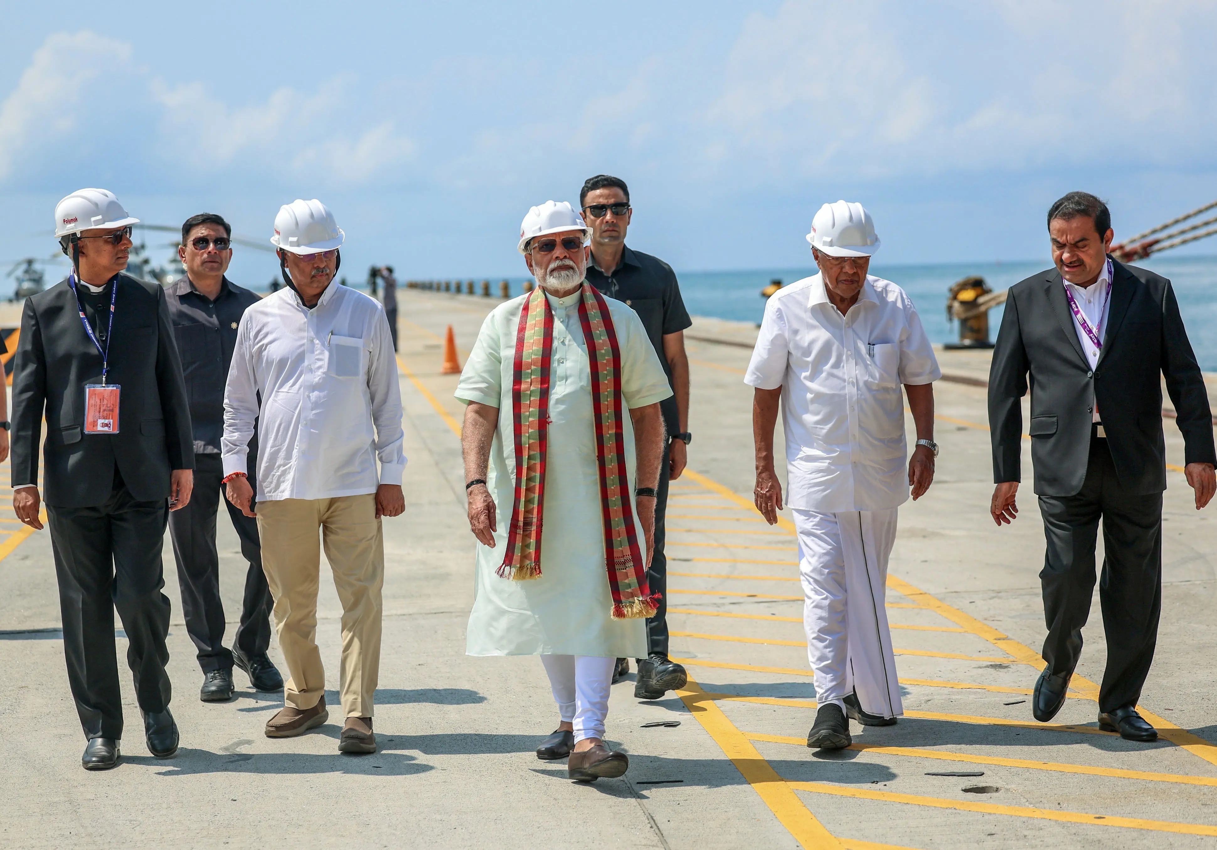 Prime Minister Narendra Modi with Kerala Governor Rajendra Vishwanath Arlekar, Chief Minister Pinarayi Vijayan, Adani Group chairperson Gautam Adani and others after inaugurating the Vizhinjam International Deepwater Multipurpose Seaport in Thiruvananthapuram on Friday, May 2,2025.