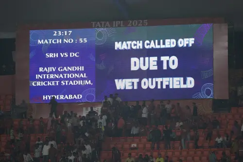 An announcement informing about the play being called off due to rains during the Indian Premier League cricket match between Sunrisers Hyderabad and Delhi Capitals at Rajiv Gandhi International Cricket Stadium in Hyderabad, India, Monday, May 5, 2025. | Photo: AP