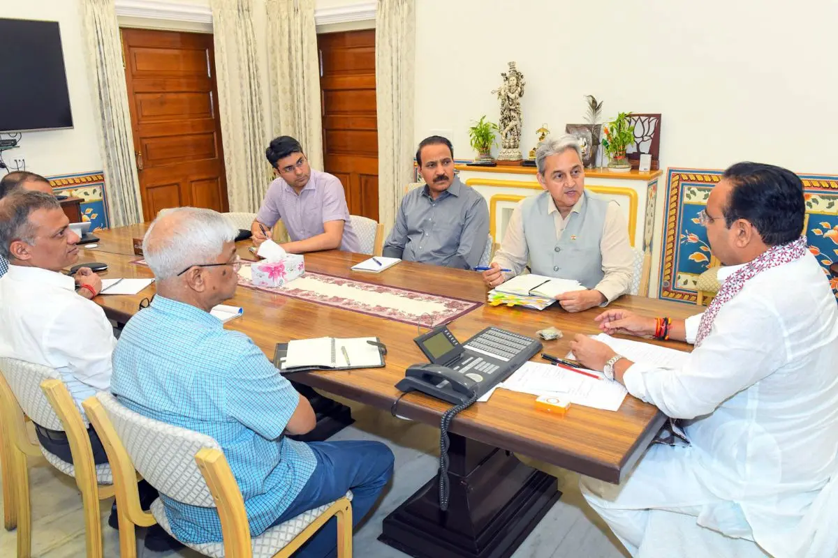 Rajasthan Chief Minister Bhajanlal Sharma holds a review meeting with officials regarding the security of Rajasthan's international border, at CM residence in Jaipur on Thursday.