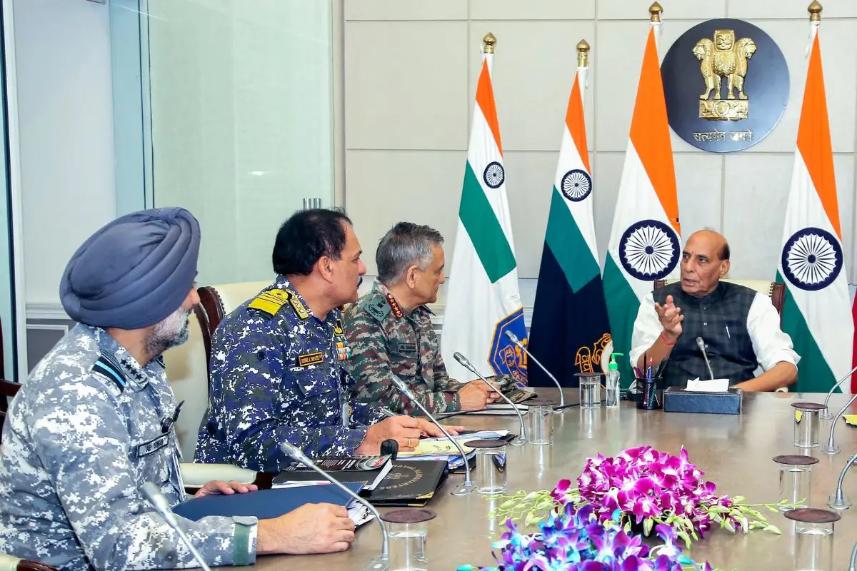 Defence Minister Rajnath Singh chairs a high-level meeting to review the security situation (Photo: ANI)