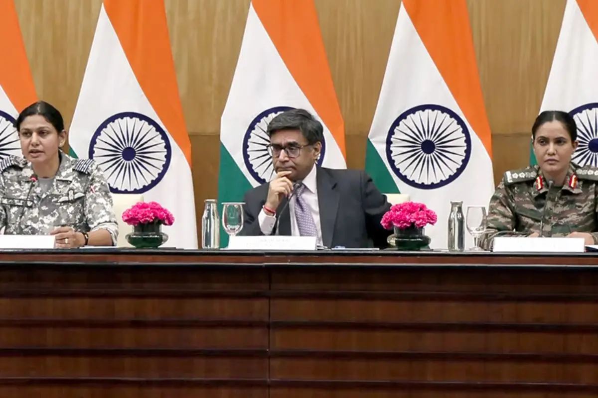 Wing Commander Vyomika Singh, Foreign Secretary Vikram Misri, and Colonel Sofiya Qureshi at a Ministry of External Affairs press briefing (Photo: ANI)