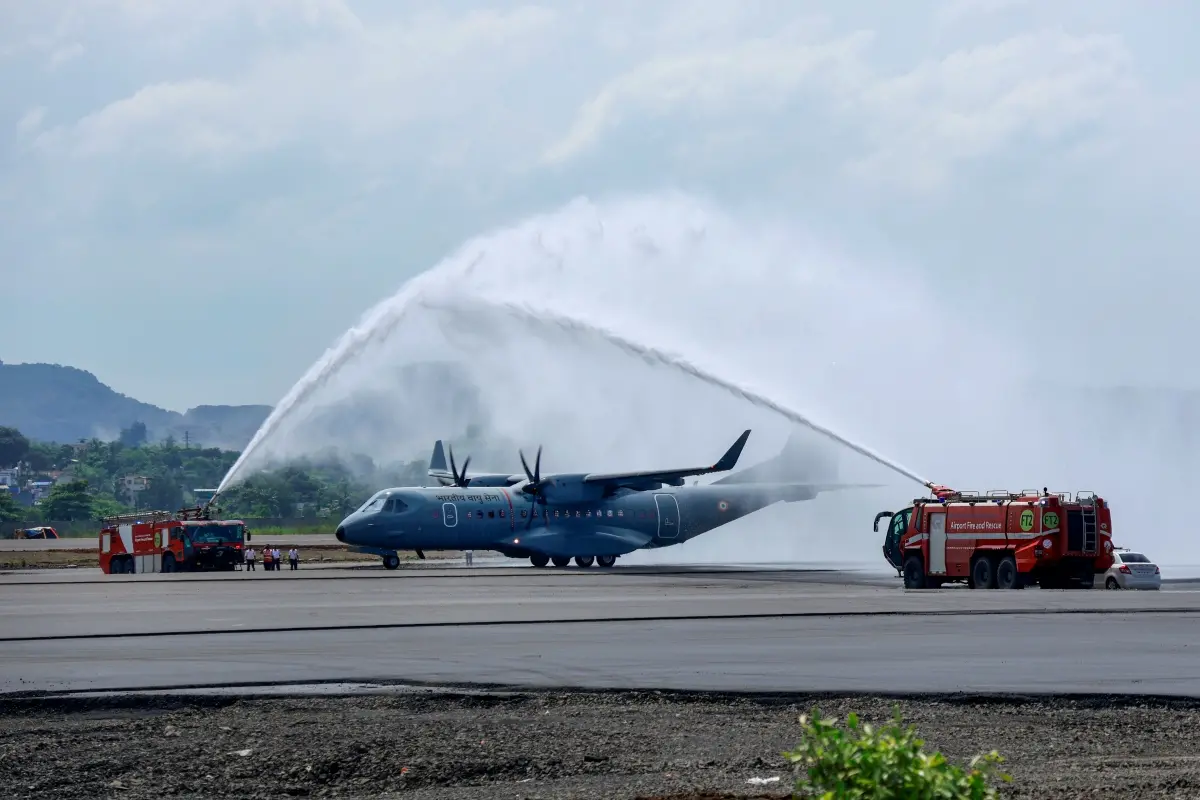 An Indian Air Force C-295 aircraft being given water cannon salute after it successfully completed the first landing at the Navi Mumbai Airport | File photo: PTI
