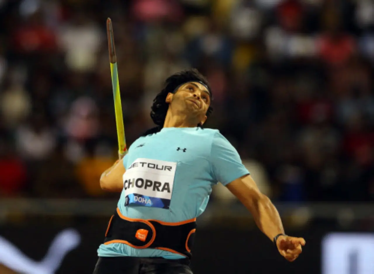Javelin thrower Neeraj Chopra in action during the men's javelin throw at the Doha Diamond League 2025. | Photo: ANI