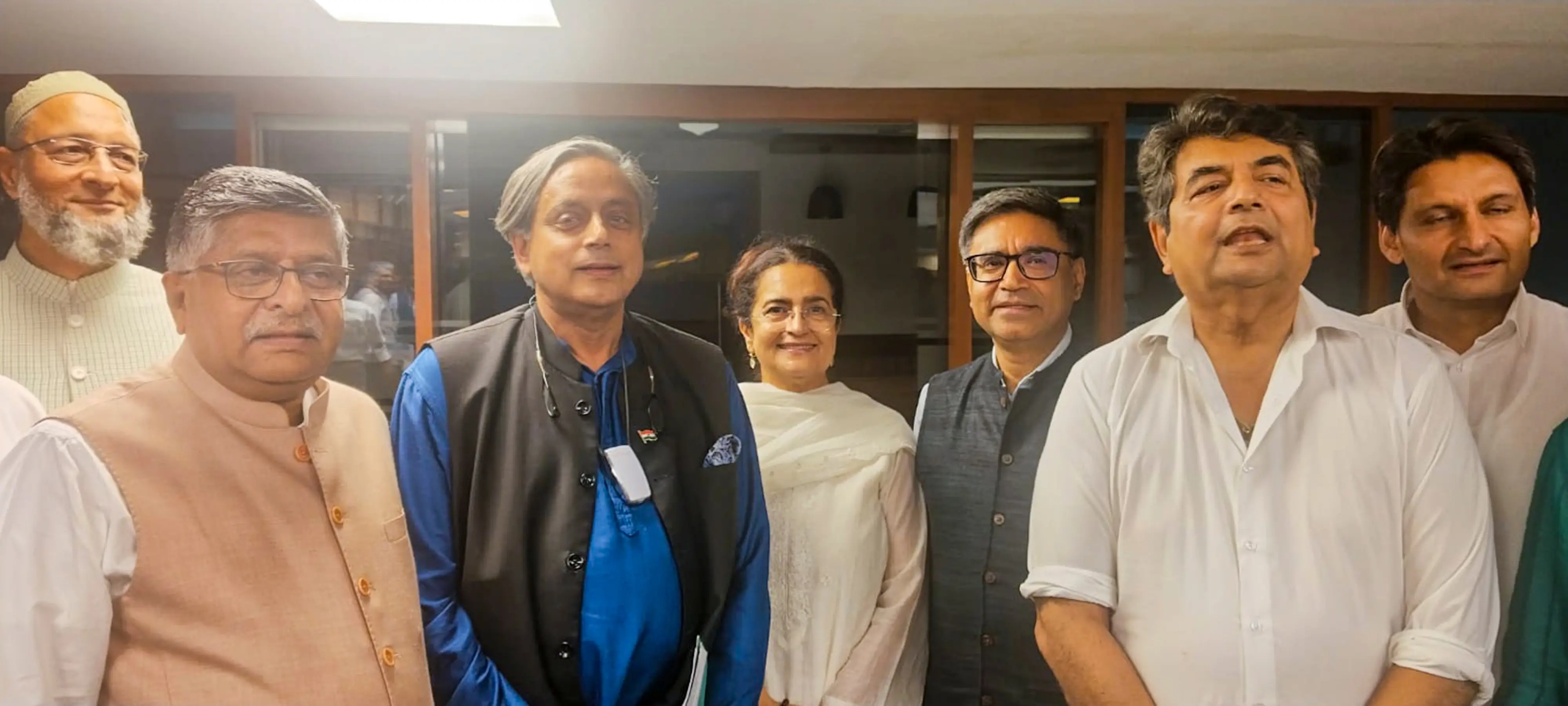 Parliament's Standing Committee on External Affairs Chairperson, Congress MP Shashi Tharoor with AIMIM chief Asaduddin Owaisi, BJP's RPN Singh, Ravi Shankar Prasad and other members, and Foreign Secretary Vikram Misri, after a meeting of the committee, in New Delhi. | Photo: PTI