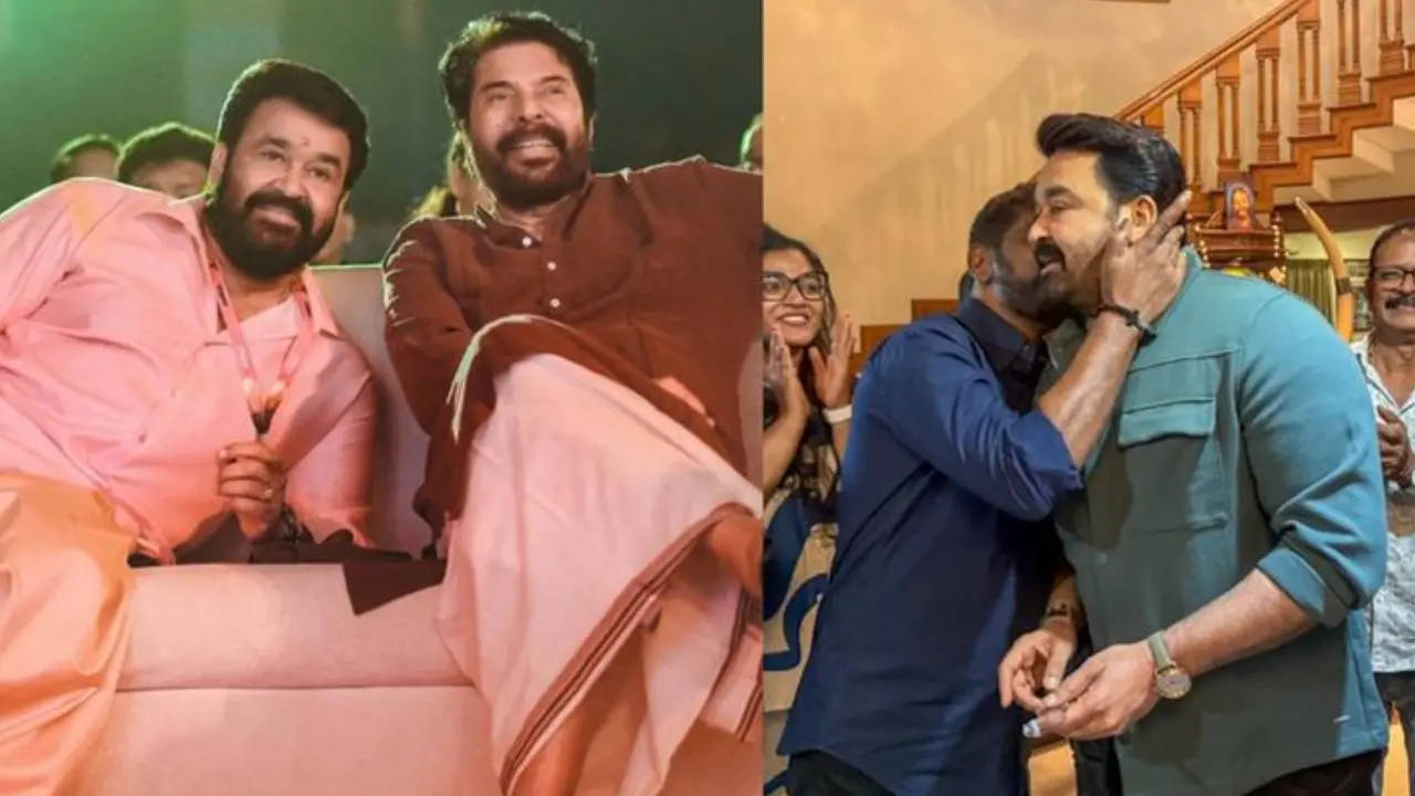 From (L) Mohanlal and Mammootty; Antony celebrates with Mohanlal | Photos: Facebook